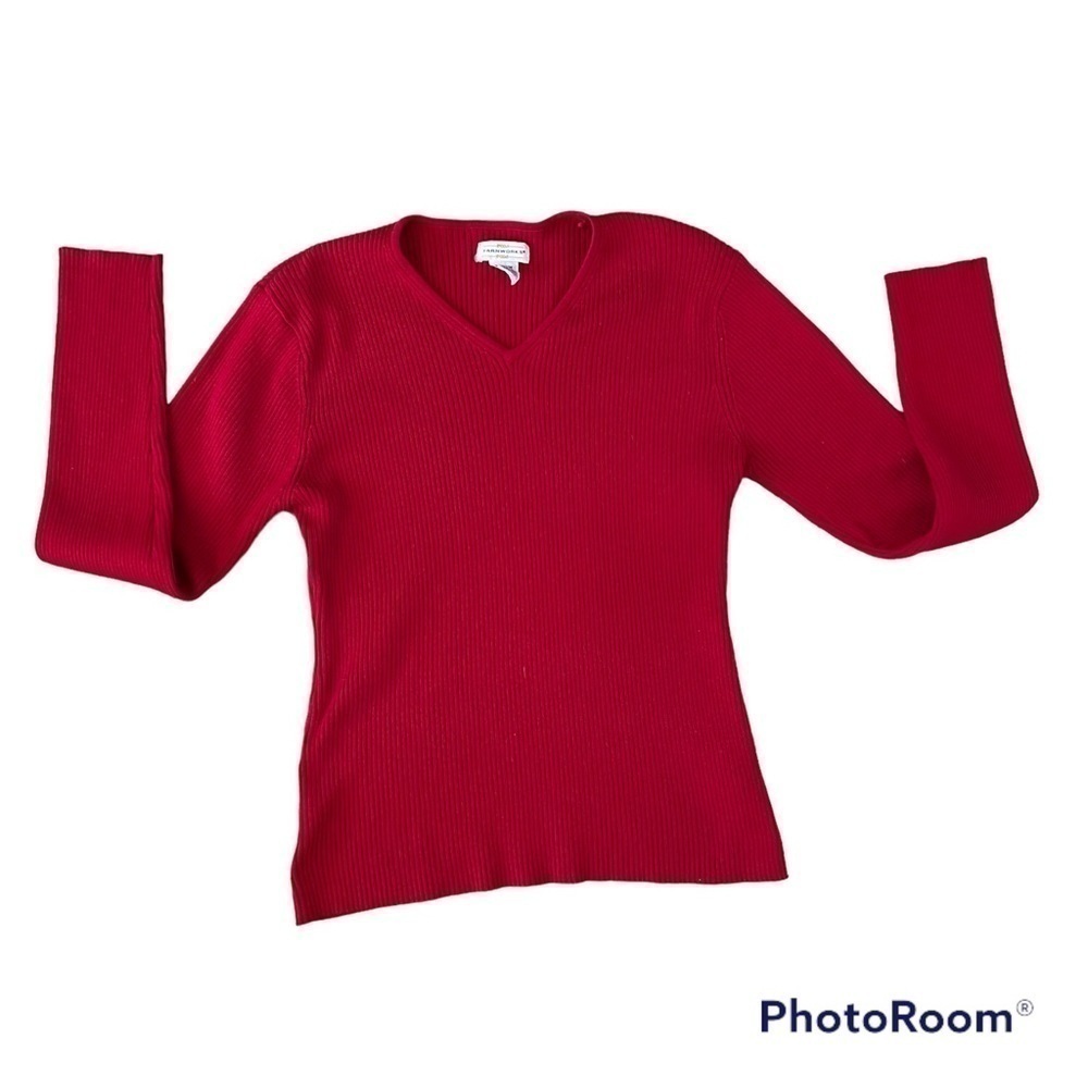 YARNWORKS red ribbed V neck long sleeved pullover sweater, M, cotton & acrylic.